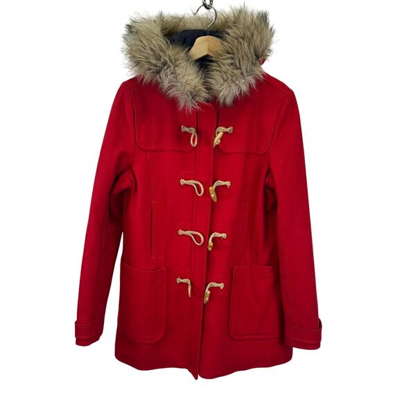 American Eagle Wool Blend Red Fur Hood Toggle Button Pea Coat Womens Large - Picture 1 of 16